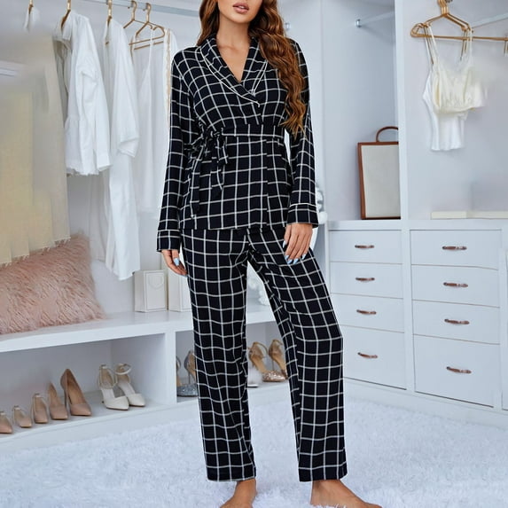 BONIXOOM Christmas Pajamas For Couples Womens Christmas Pajamas Loungewear Drawstring Long Sleeve Plaid Sleepwear Sets Black S