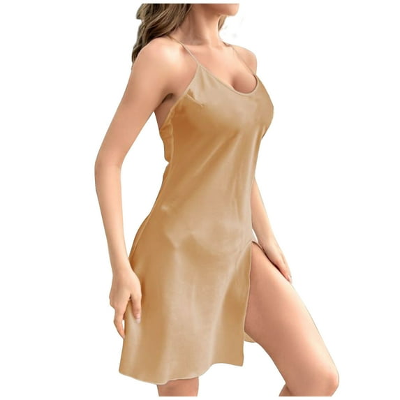 BONIXOOM Christmas Pajamas For Family Christmas Pajamas Women Sleepwear Drawstring Sleeveless Solid Sleep Dress Khaki M