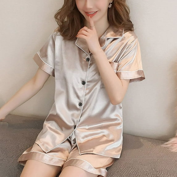 BONIXOOM Christmas Pajamas For Family Pajamas For Women Sleepwear Button Short Sleeve Solid Sleepwear Sets Beige M