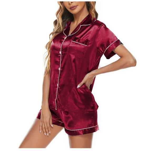 BONIXOOM Christmas Pajamas For Family Silk Pajamas For Women Sleepwear None Short Sleeve Solid Sleepwear Sets Wine S