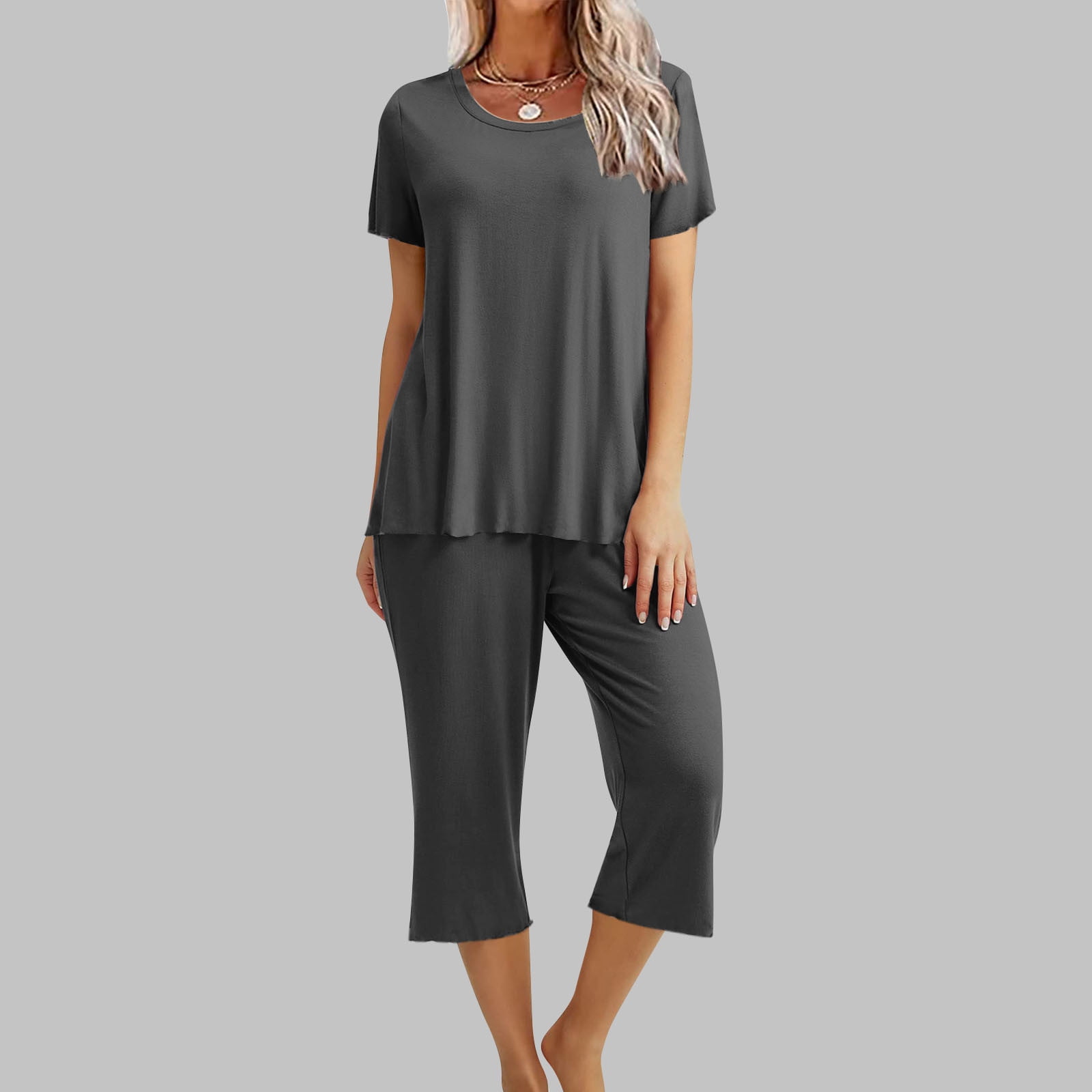 BONIXOOM Christmas Pajamas For Women Christmas Pajamas For Family Loungewear Tie Short Sleeve Sleepwear Sets Solid Dark Gray XL