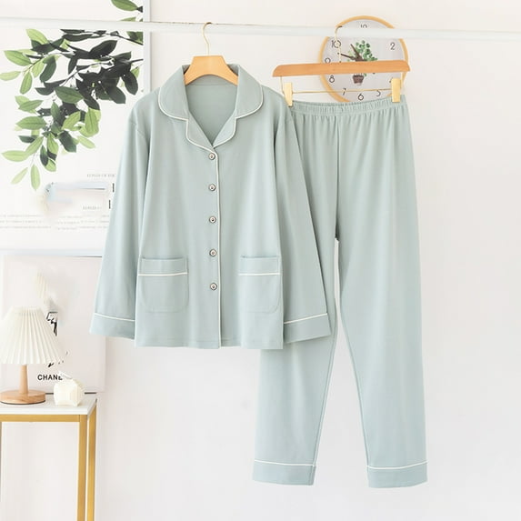 BONIXOOM Christmas Pajamas For Women Christmas Pajamas Sleepwear Button Long Sleeve Sleep Pants Solid Green XL