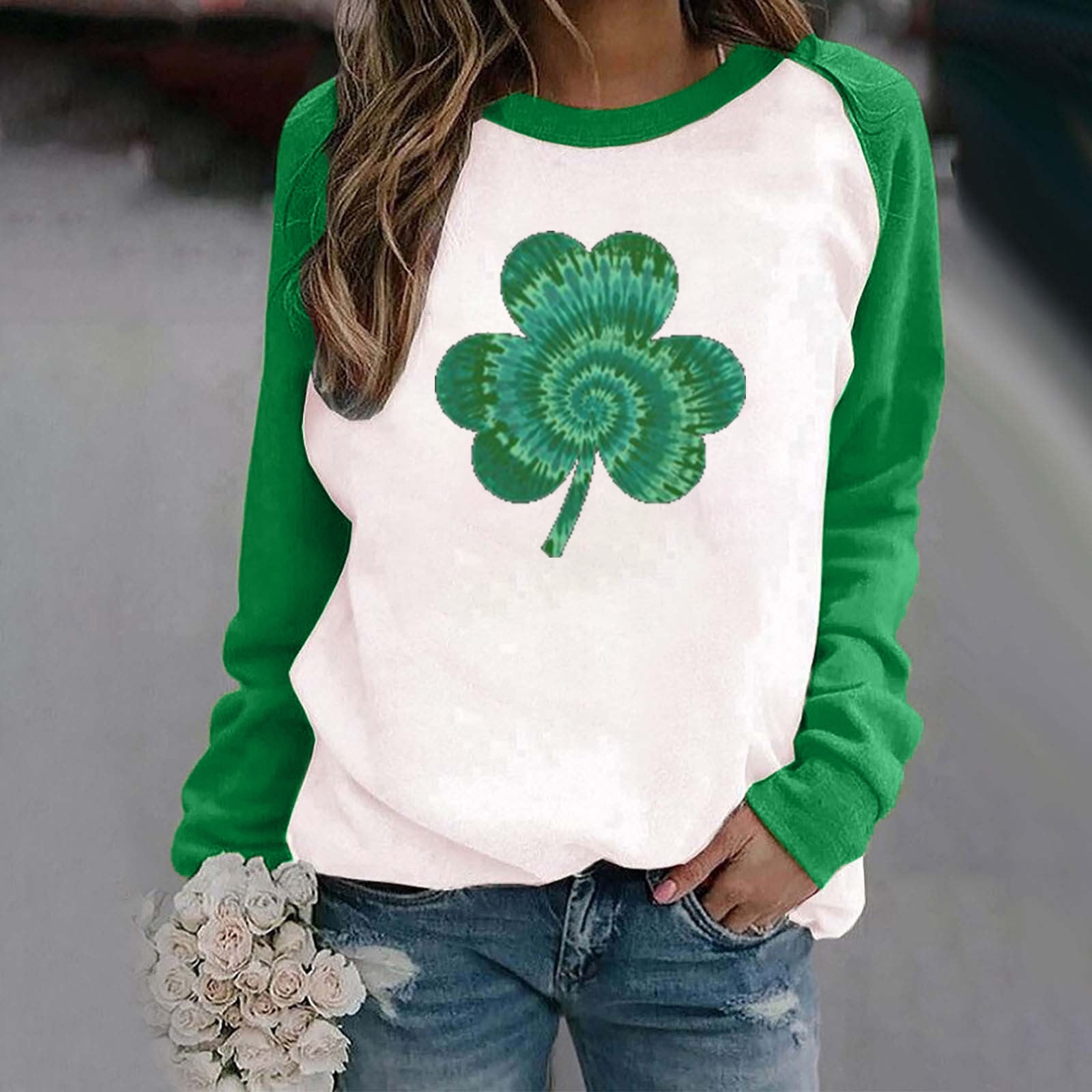 BONIXOOM Christmas Pajamas For Women Fashion Women's Spring Patchwork St. Patrick's Day Printed Long Sleeves Round Neck Casual Tee Tops Womens Tops Green S