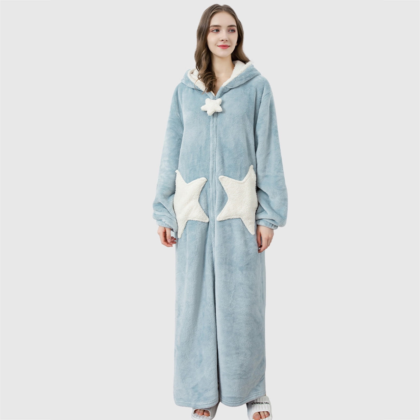 BONIXOOM Christmas Pajamas For Women Matching Christmas Pajamas Sleepwear Belt Long Sleeve Sleep Dress Solid Blue L