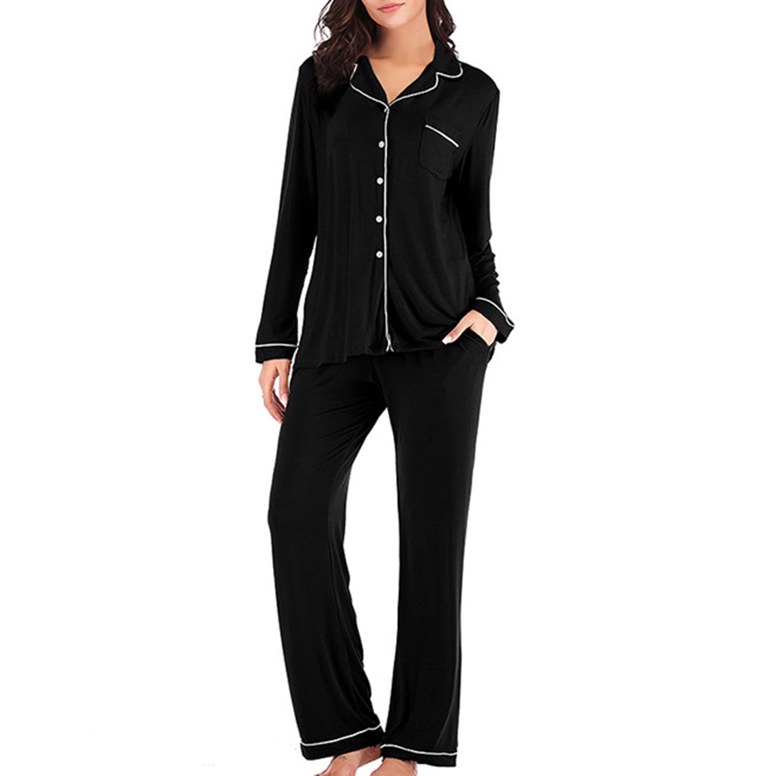 BONIXOOM Christmas Pajamas For Women Matching Family Christmas Pajamas Loungewear None Long Sleeve Sleepwear Sets Solid Black XL