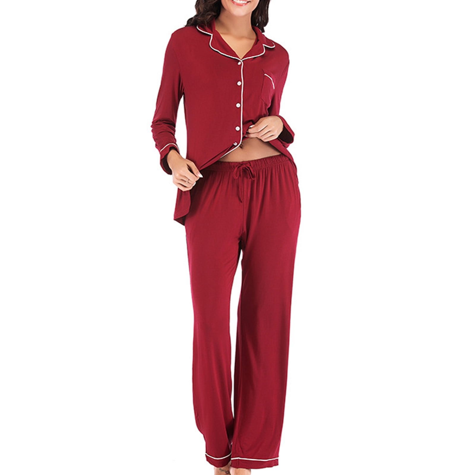 BONIXOOM Christmas Pajamas For Women Matching Family Christmas Pajamas Loungewear None Long Sleeve Sleepwear Sets Solid Wine M