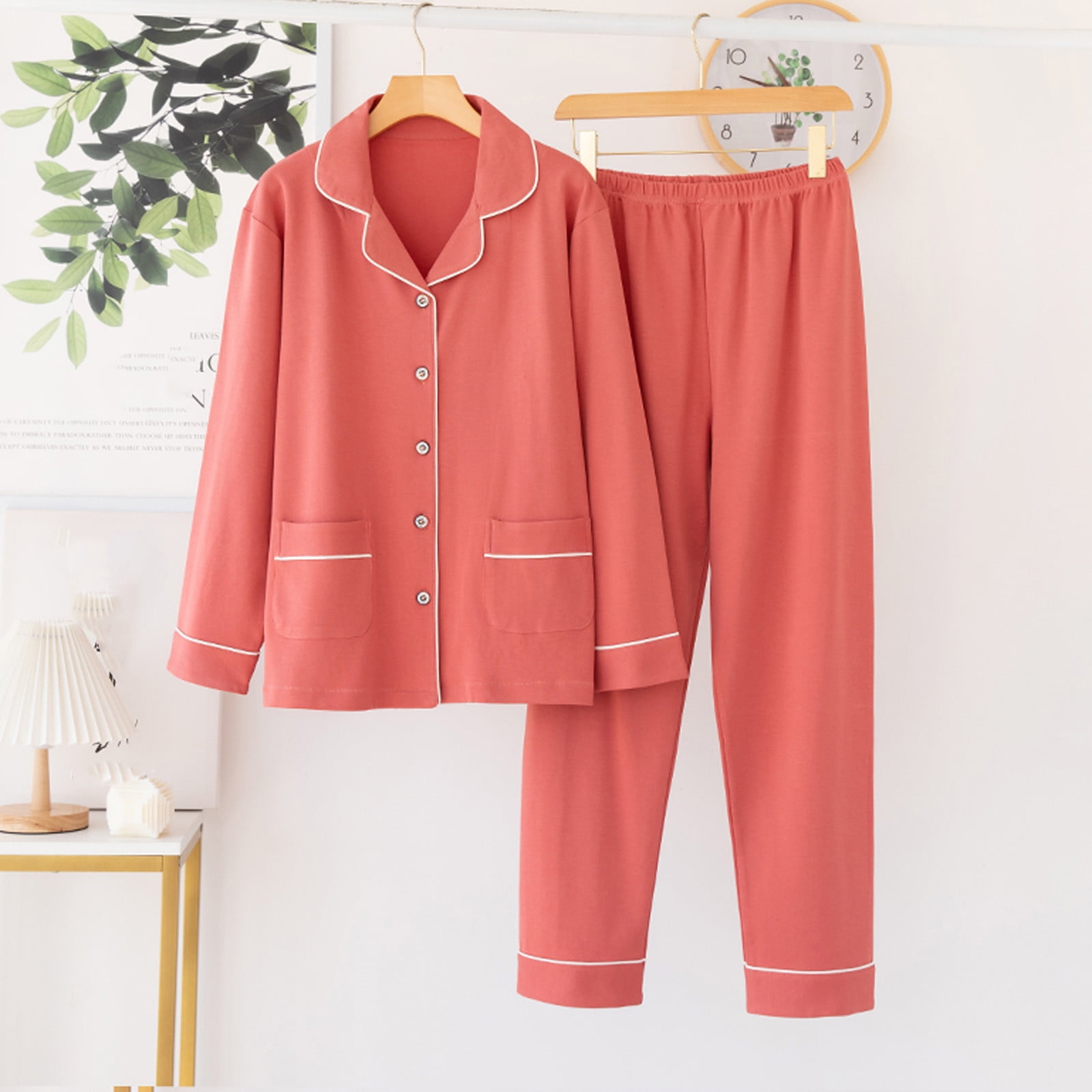 BONIXOOM Christmas Pajamas For Women Matching Family Christmas Pajamas Sleepwear Button Long Sleeve Sleep Pants Solid Red XXL
