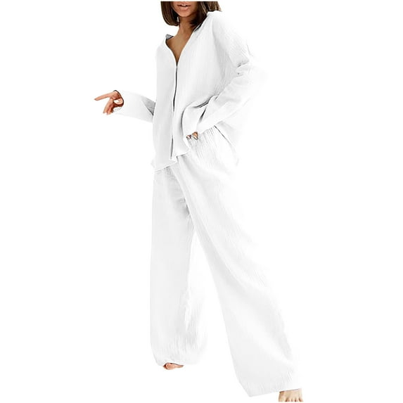 BONIXOOM Christmas Pajamas Silk Pajamas For Women Sleepwear None Long Sleeve Solid Sleepwear Sets White M