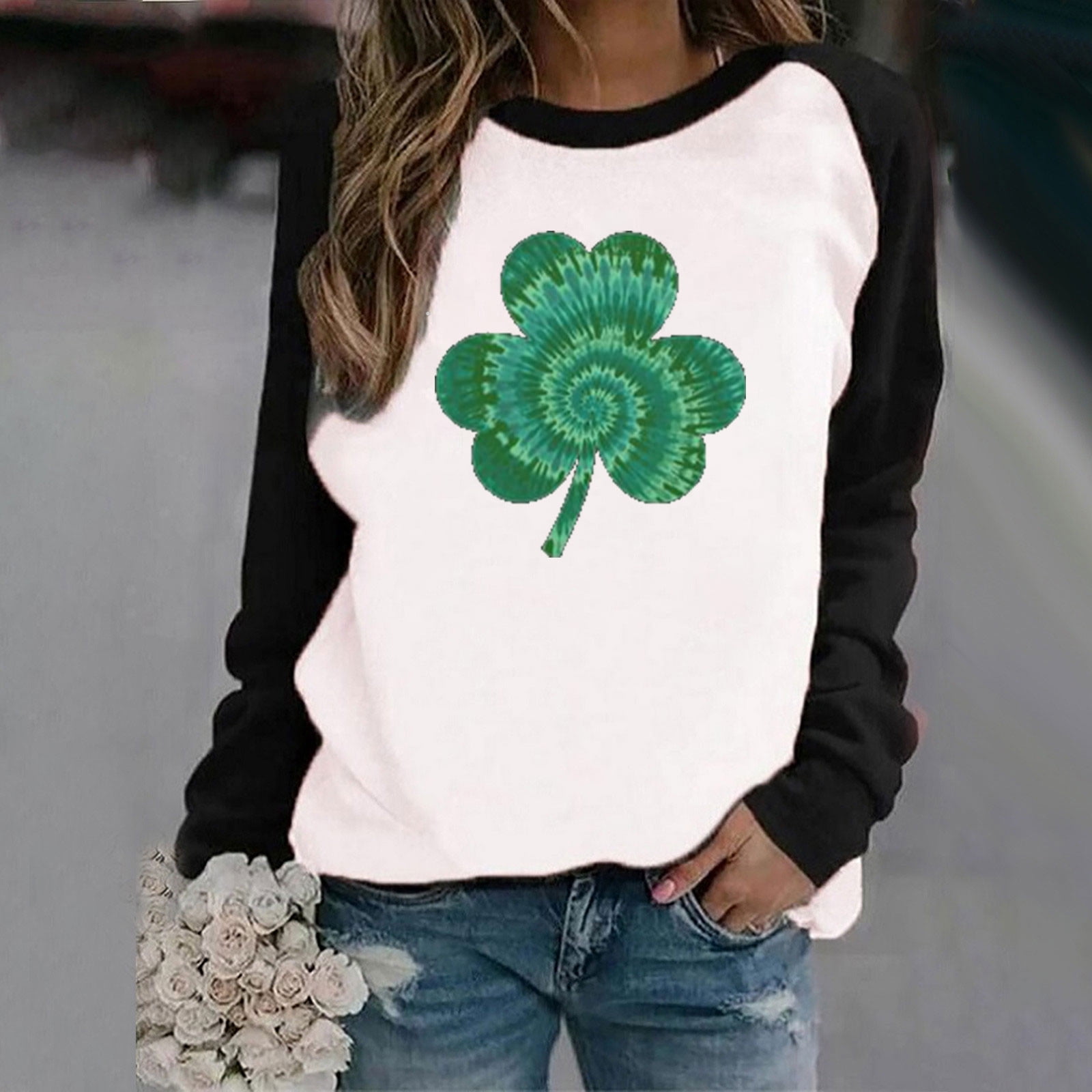 BONIXOOM Christmas Pajamas For Women Fashion Women's Spring Patchwork St. Patrick's Day Printed Long Sleeves Round Neck Casual Tee Tops Womens Tops Black M