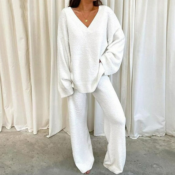 BONIXOOM Christmas Pajamas Womens Christmas Pajamas Sleepwear None Long Sleeve Solid Sleepwear Sets White XXXL