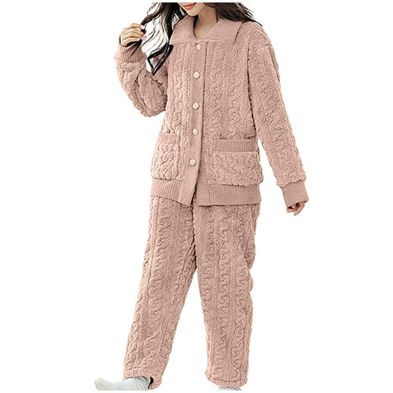 BONIXOOM Christmas Pajamas Womens Pajamas Loungewear Button Long Sleeve Solid Sleepwear Sets Pink L