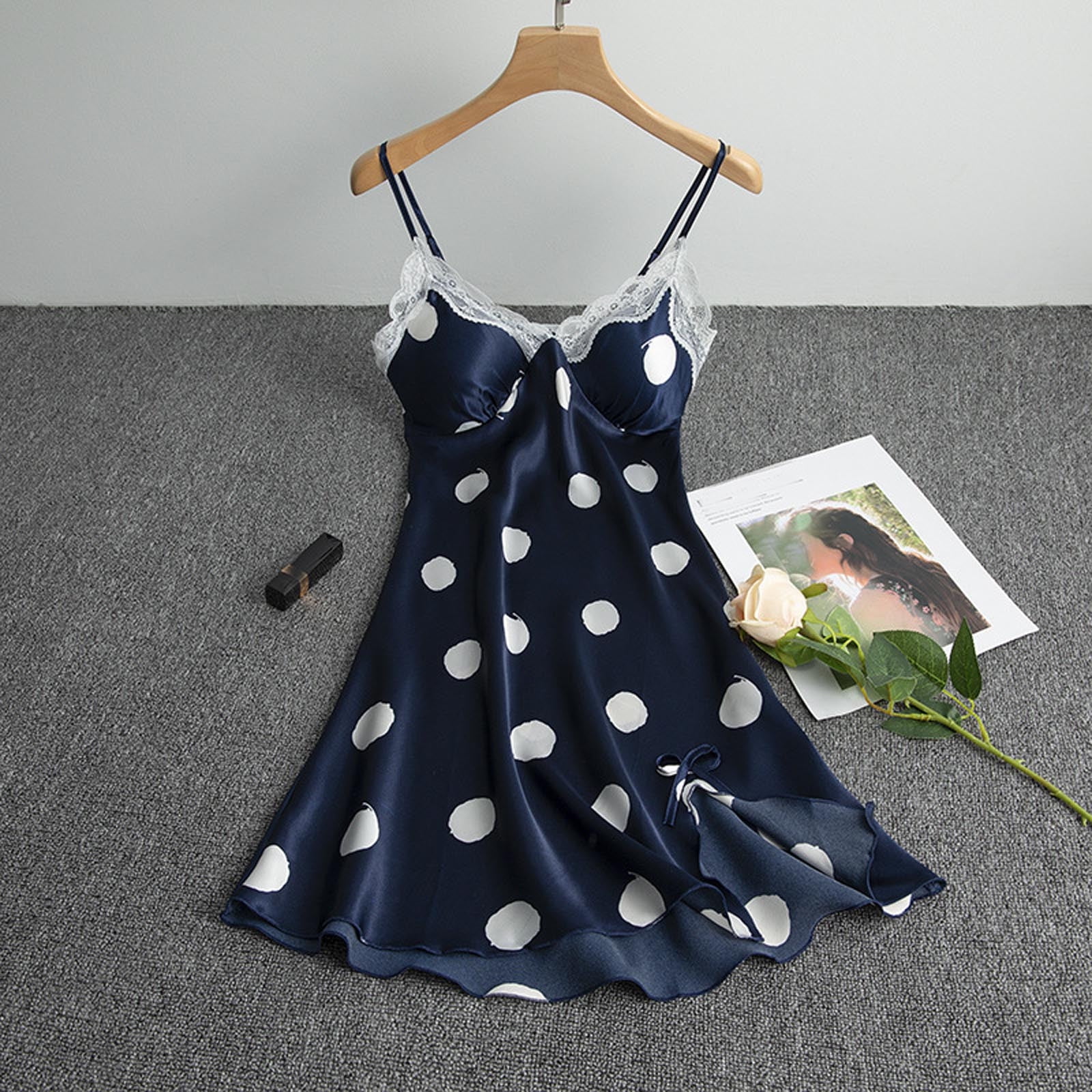 BONIXOOM Womens Christmas Pajamas Matching Christmas Pajamas Loungewear Drawstring Long Sleeve Sleep Dress Polka Dot Navy M
