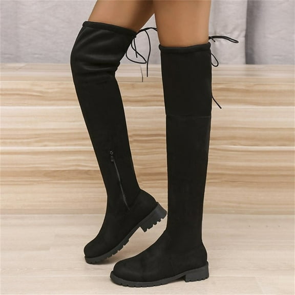 BONIXOOM Fall Boots For Women 2023 Low Heel Rubber Lace-Up Knee-High Winter Black