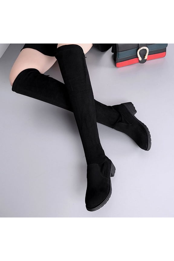 Fall Boots For Women 2023 Low Heel Rubber Slip-On Knee High Winter Black
