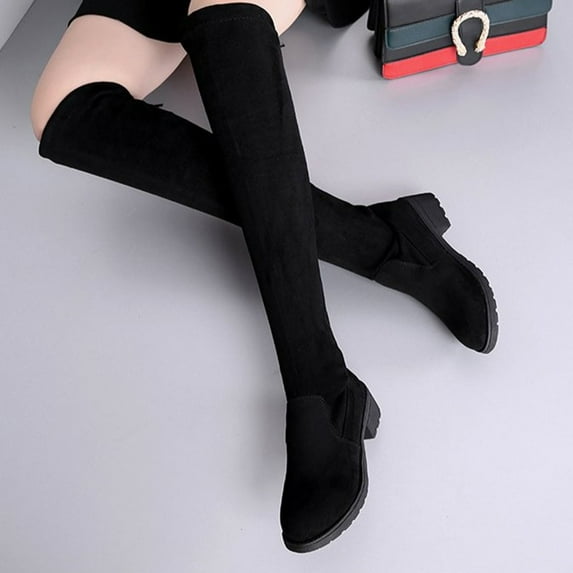 BONIXOOM Fall Boots For Women 2023 Low Heel Rubber Slip-On Knee High Winter Black