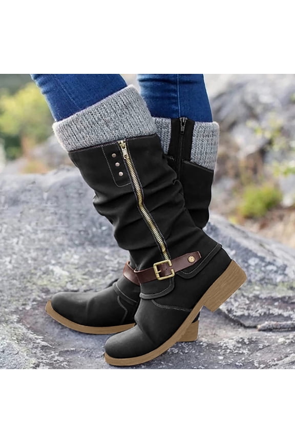 Fall Boots for Women Low Heel Rubber Slip-on Mid-Calf Winter Black