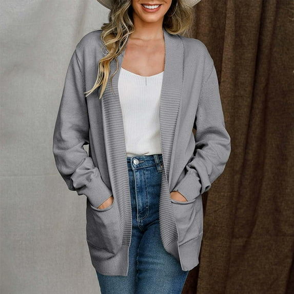 BONIXOOM Fall Sweaters For Women 2023 Baggy Fit Jacket Cardigan Casual Crew Neck Cardigan Sweater Gray 2XL(US:12)
