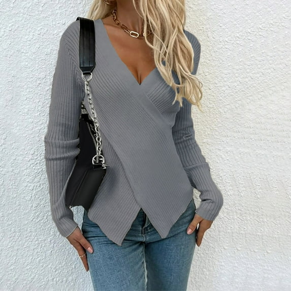 BONIXOOM Fall Sweaters For Women 2023 Modern Fit Sweater Pullover Vacation V-Neck Cardigan Sweater Gray L(US:8)