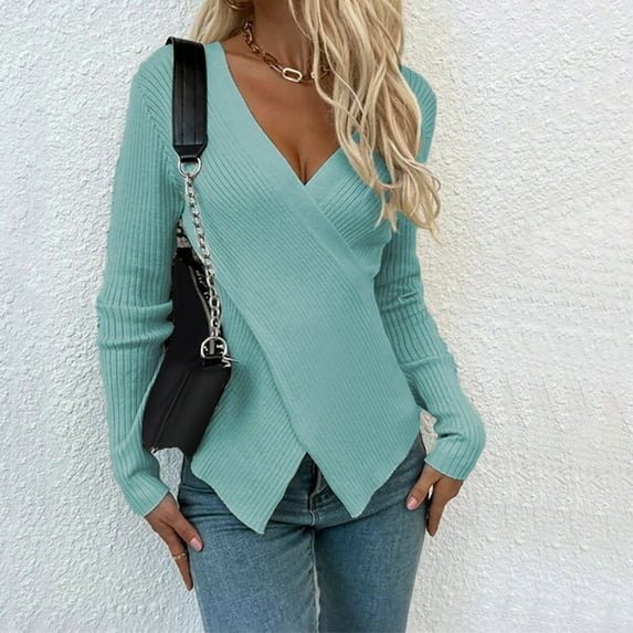 BONIXOOM Fall Sweaters For Women Modern Fit Sweater Pullover Vacation V-Neck Sweaters For Girls Blue S(US:4)
