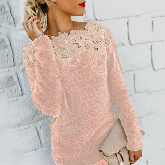 BONIXOOM Fall Sweaters Modern Fit Sweater Lace Vacation Crew Neck Womens Sweaters Cardigan Pink XL(US:10)