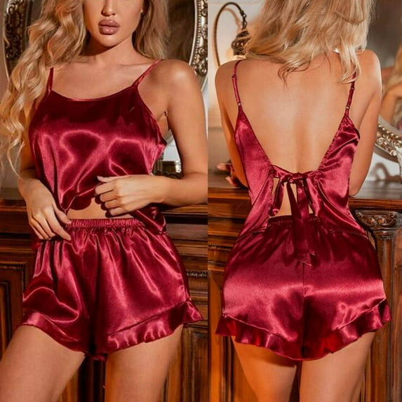 BONIXOOM Family Christmas Pajamas Christmas Pajamas Women Sleepwear Tie Sleeveless Solid Sleepwear Sets Wine S