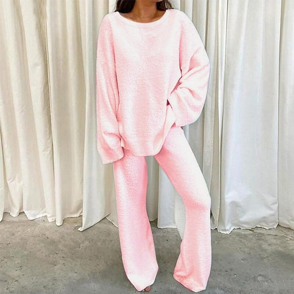 BONIXOOM Family Christmas Pajamas Matching Sets Christmas Pajamas For Women Sleepwear None Long Sleeve Solid Sleepwear Sets Pink XXXL