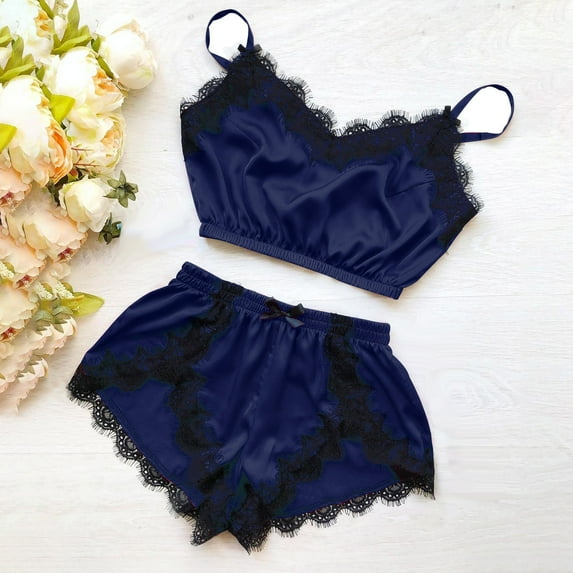 BONIXOOM Family Christmas Pajamas Matching Sets Christmas Pajamas Women Sleepwear Belt Sleeveless Solid Sleepwear Sets Dark Blue XXL