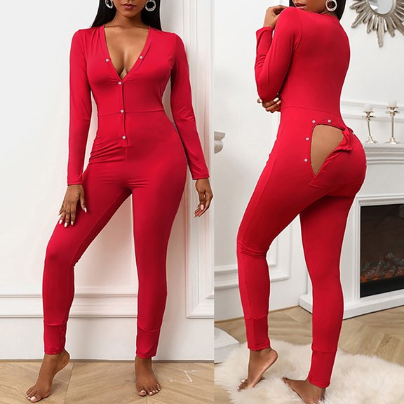 BONIXOOM Family Christmas Pajamas Matching Sets Pajamas For Women Sleepwear Button Short Sleeve Solid Jumpsuit Red XL