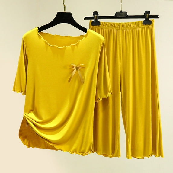 BONIXOOM Family Christmas Pajamas Womens Pajamas Sleepwear None Short Sleeve Solid Sleepwear Sets Yellow M