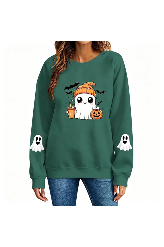 Halloween Sweatshirts Women, Cartoon Ghost Pumpkin Women Long Sleeve Crewneck Daily Pullover Top Army Green Xs-3XL
