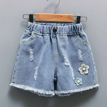 BONIXOOM Jean Shorts Girls Pant Mid Waist Casual Training with Pockets Solid Baggy Fit Elastic Waist Drawstring Capris Jean Blue