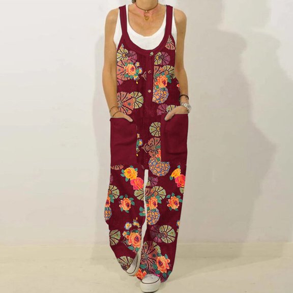BONIXOOM Jumpsuits for Women Women's Pants Floral Mid Waisted Long Travel Retro Camisole Active Fit Straight-Leg Chinos Wine 3XL