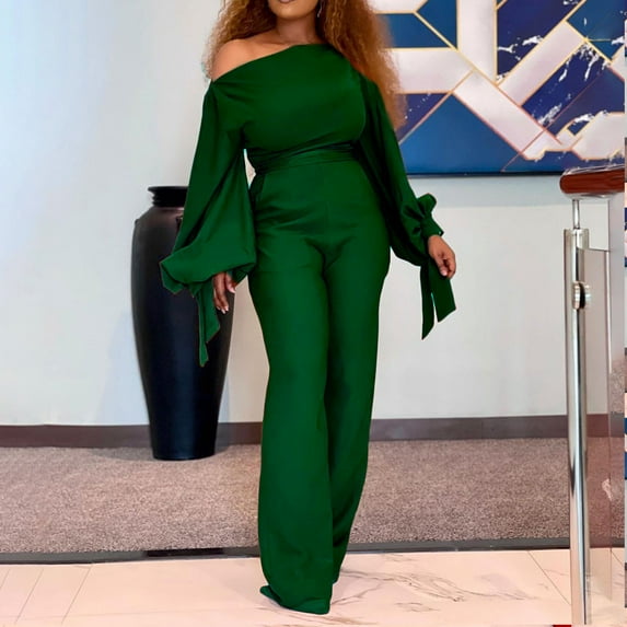 BONIXOOM Jumpsuits for Women Women's Pants Solid High Waisted Short Ski Casual Jumpsuit Oversized Wide-Leg Standard Green M