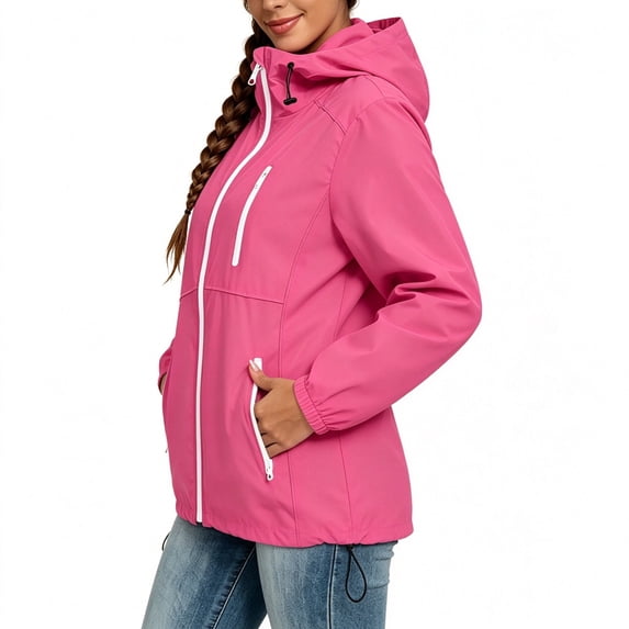 BONIXOOM Ladies Windbreaker, Color Block Hooded Zip Jacket with Zipper Pockets Drawstring Hem Hot Pink S-2XL