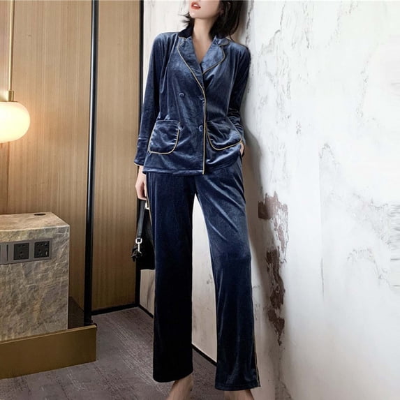 BONIXOOM Matching Christmas Pajamas Christmas Pajamas For Women Loungewear Belt Long Sleeve Solid Sleepwear Sets Navy M