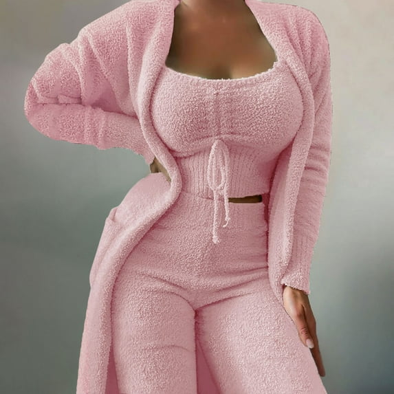 BONIXOOM Matching Christmas Pajamas For Couples Christmas Pajamas For Women Loungewear None Long Sleeve Solid Sleepwear Sets Pink S