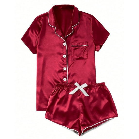 BONIXOOM Matching Christmas Pajamas Pajamas For Women Loungewear Button Short Sleeve Solid Sleepwear Sets Hot Pink XL