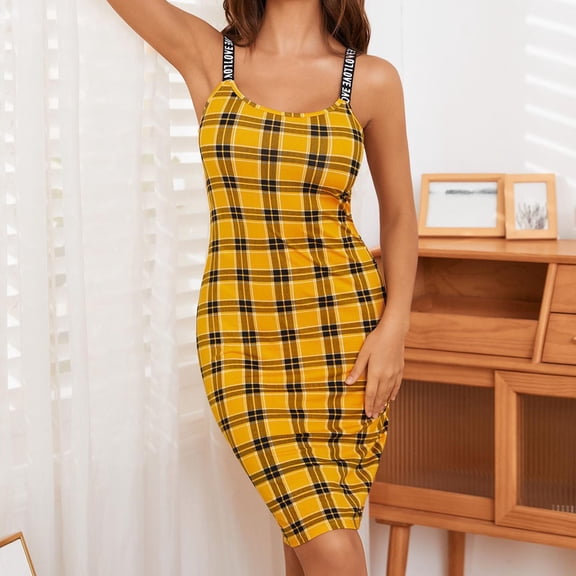 BONIXOOM Matching Christmas Pajamas Pajamas For Women Loungewear Drawstring Sleeveless Plaid Sleep Dress Yellow M
