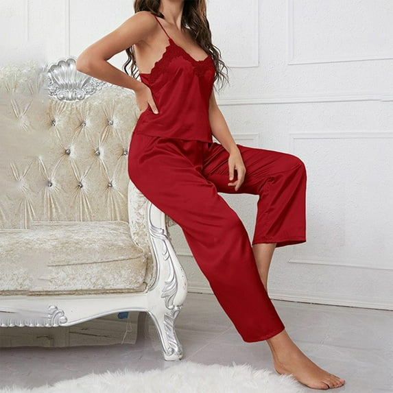 BONIXOOM Matching Christmas Pajamas Pajamas For Women Sleepwear Belt Sleeveless Solid Sleep Pants Red L