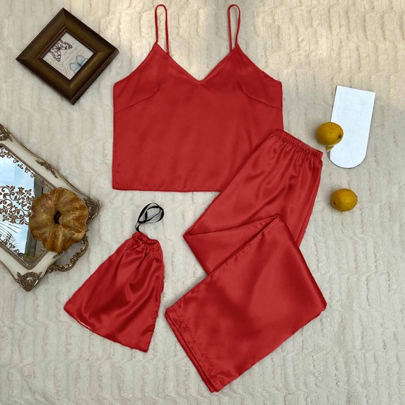 BONIXOOM Matching Christmas Pajamas Womens Christmas Pajamas Loungewear None Long Sleeve Solid Sleepwear Sets Red M