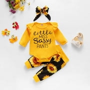 BONIXOOM Newborn Clearance Set Fall Cap Sleeve Round Neckline Printed Pull-On Set Kids Clothes Sale Yellow Size 12-18 Months