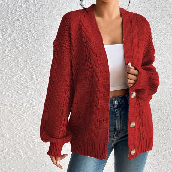 BONIXOOM Oversized Cardigans For Women Open Front Cardigan Women Long Sleeve Button Solid Vacation Cardigan Red M