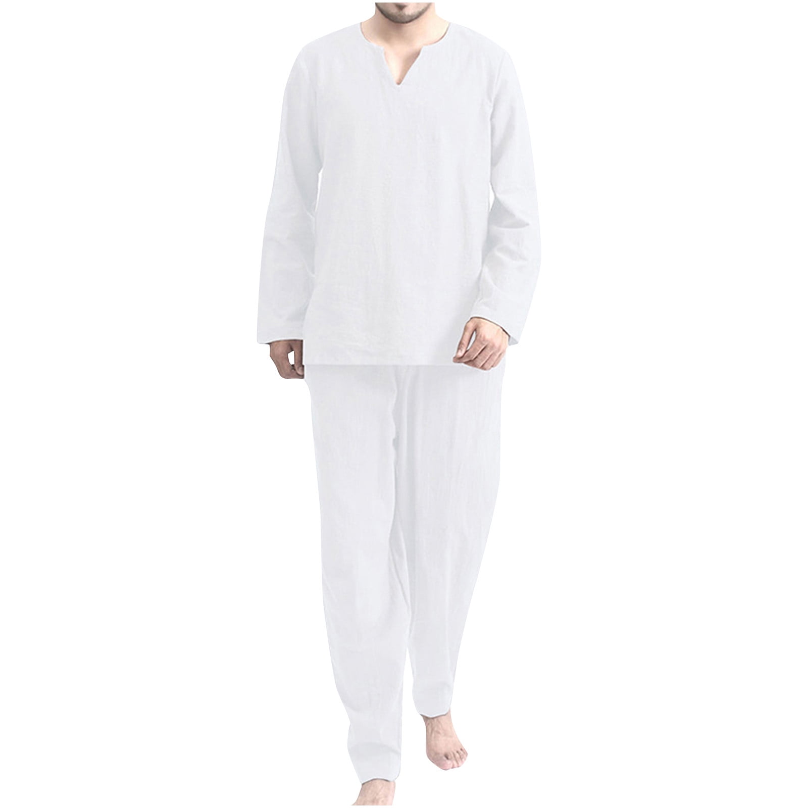 BONIXOOM Pajamas For Men Thanksgiving Pajamas Loungewear None Long Sleeve Sleepwear Sets Solid White XXL