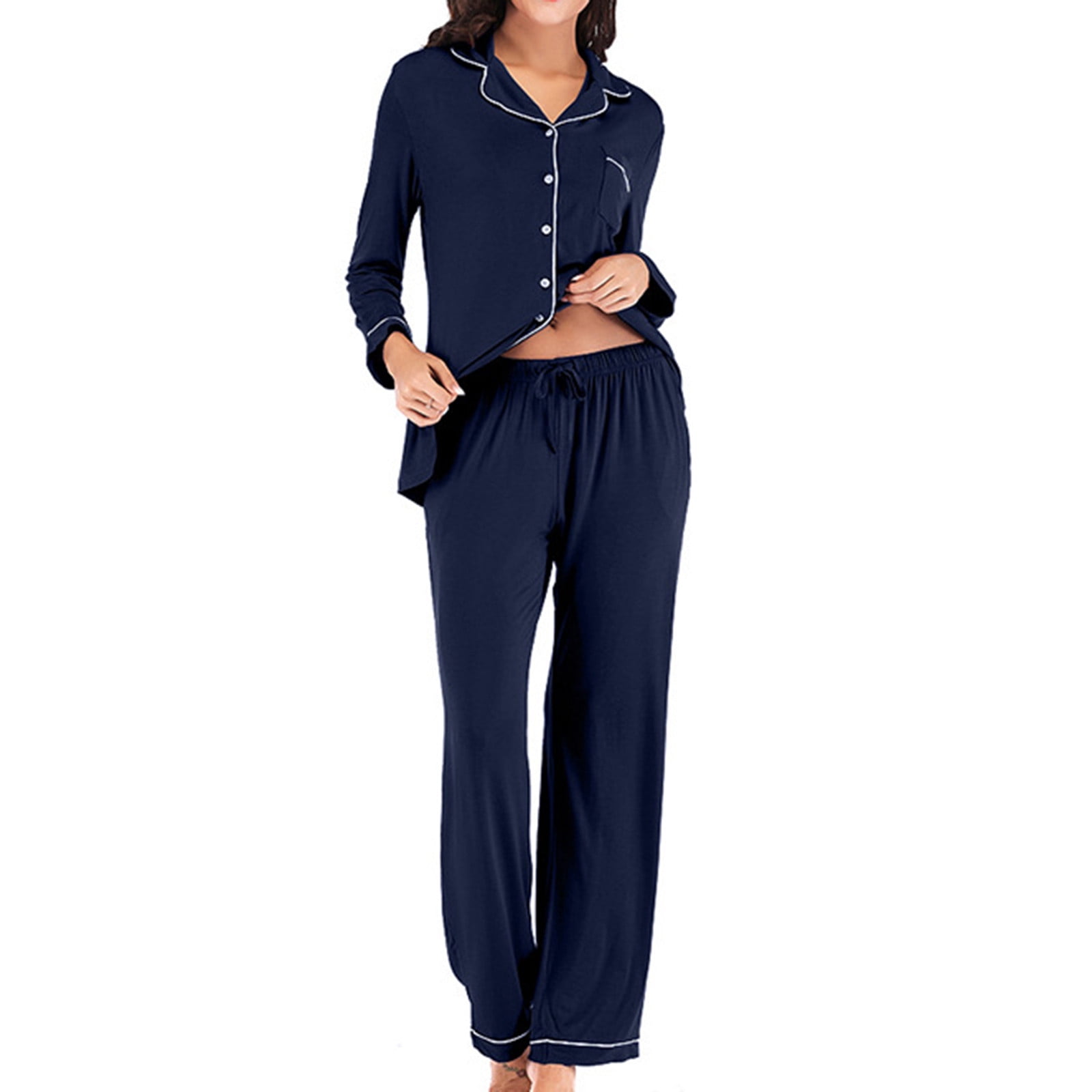 BONIXOOM Pajamas For Women Couples Christmas Pajamas Loungewear None Long Sleeve Sleepwear Sets Solid Navy S