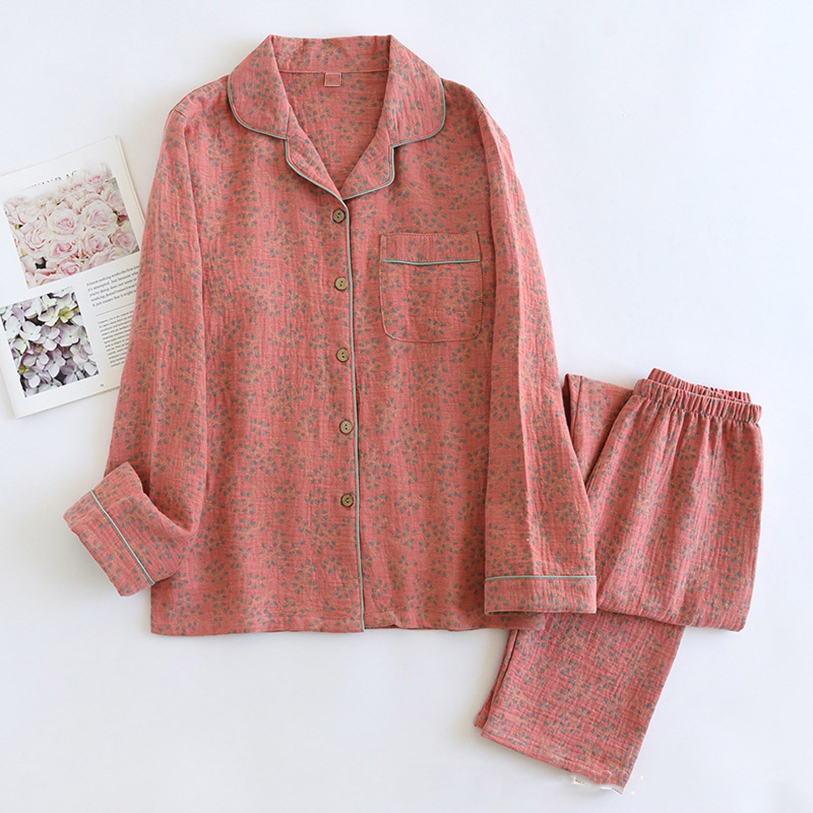 BONIXOOM Pajamas For Women Family Christmas Pajamas Matching Sets Sleepwear Button Long Sleeve Sleep Pants Printed Pink L