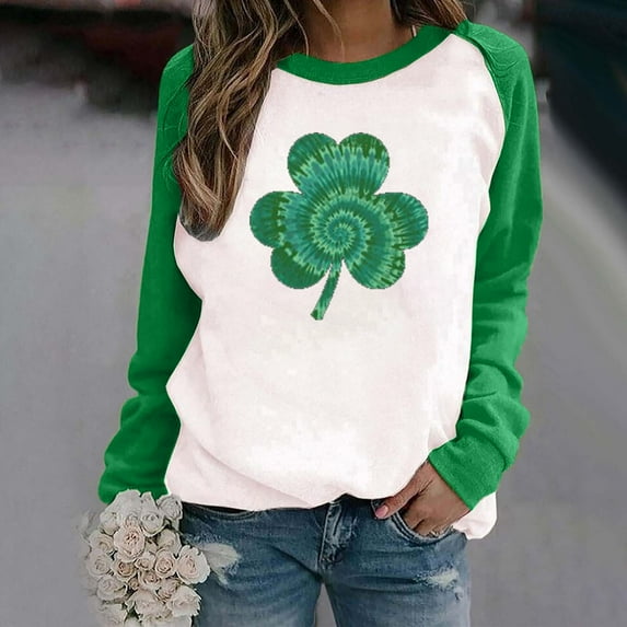 BONIXOOM Pajamas For Women Fashion Women's Spring Patchwork St. Patrick's Day Printed Long Sleeves Round Neck Casual Tee Tops Womens Christmas Tops Green XL