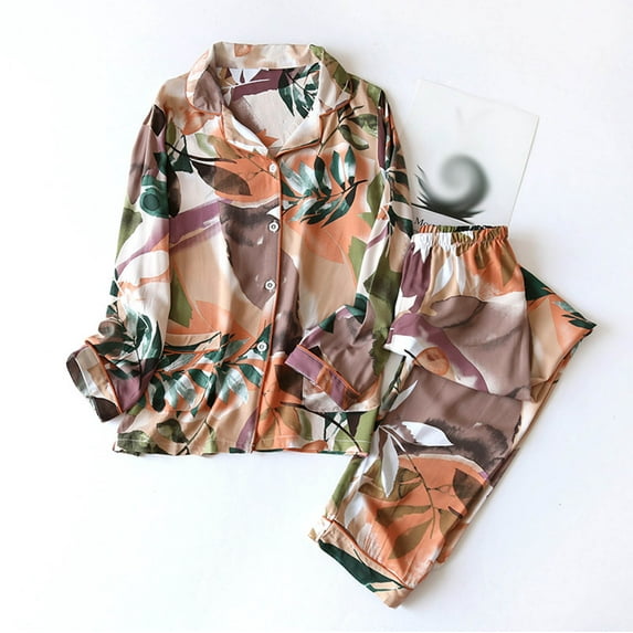 BONIXOOM Pajamas For Women Matching Christmas Pajamas Sleepwear None Long Sleeve Sleepwear Sets Floral Orange XL