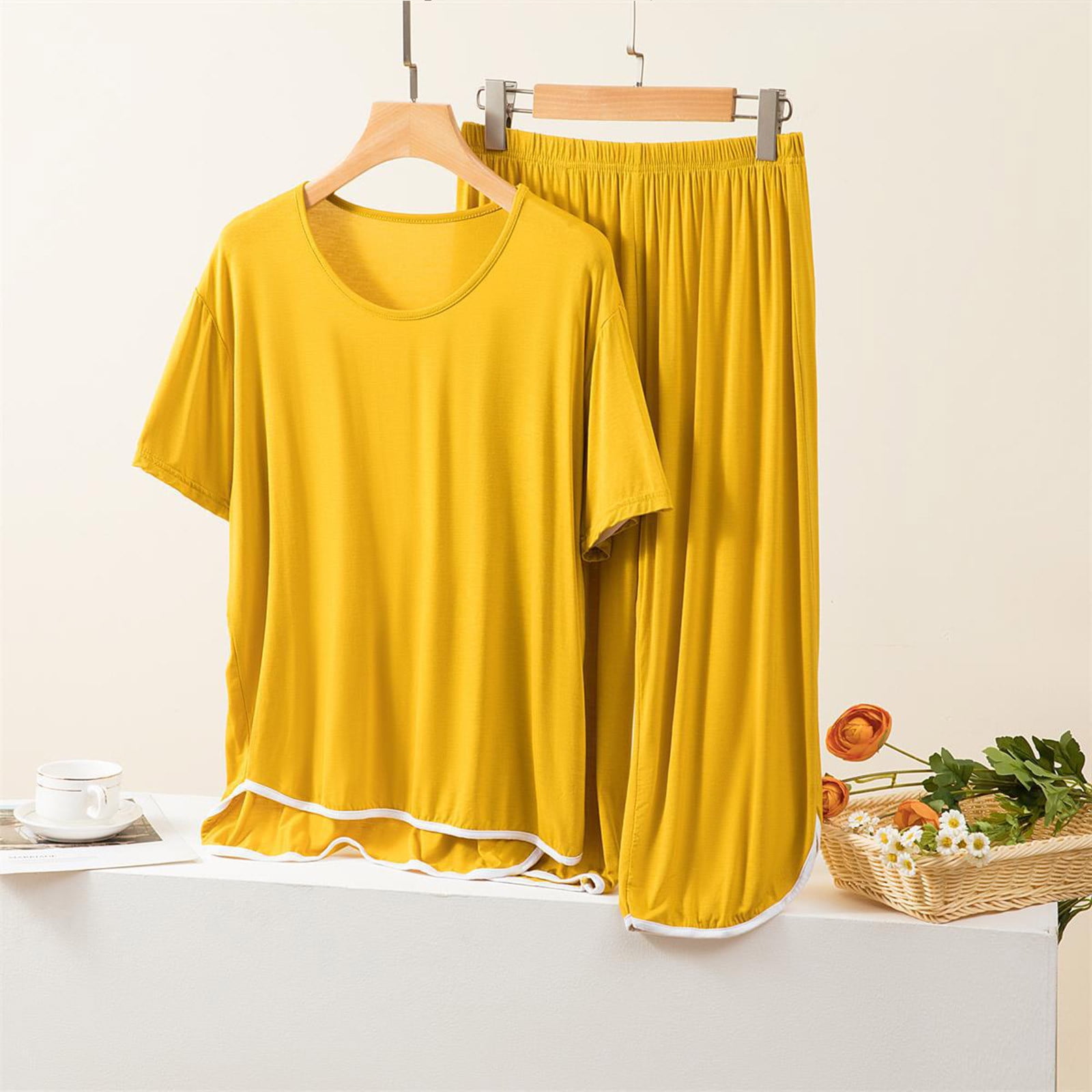 BONIXOOM Family Christmas Pajamas Matching Sets Christmas Pajamas Women Sleepwear Tie Short Sleeve Solid Sleepwear Sets Yellow L