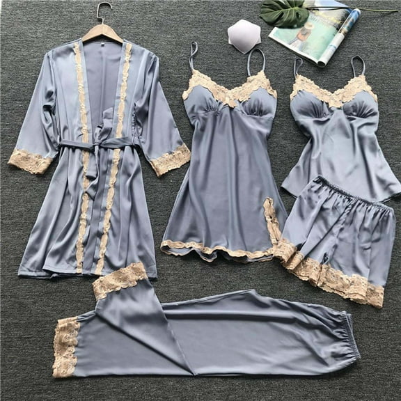 BONIXOOM Pajamas For Women Matching Family Christmas Pajamas Sleepwear Belt Long Sleeve Sleepwear Sets Solid Blue L