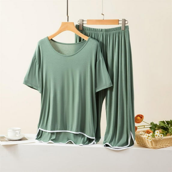 BONIXOOM Pajamas For Women Matching Family Christmas Pajamas Sleepwear Tie Short Sleeve Sleepwear Sets Solid Green L